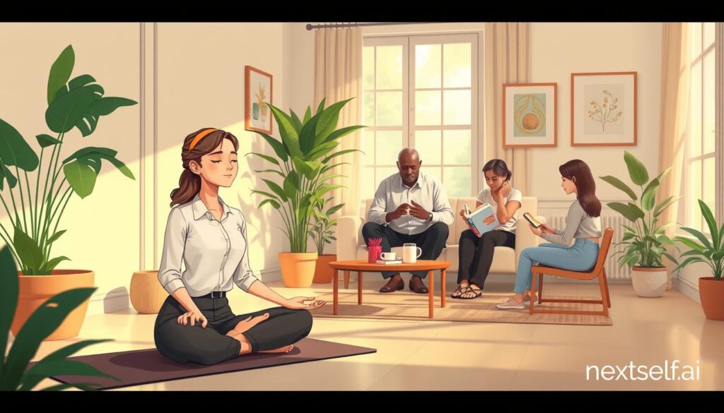 A serene indoor environment dedicated to mindfulness practices, featuring a diverse group of three individuals engaged in various activities. In the foreground, a young woman in business casual attire meditates on a yoga mat, her eyes closed and a tranquil expression on her face. In the middle, an older gentleman, dressed in comfortable yet professional clothing, practices deep breathing by an indoor plant, enhancing the calming atmosphere. In the background, a man and woman are discussing mindfulness books on a small coffee table, surrounded by soft, natural lighting filtering through large windows. The room is decorated with plants and calming artwork, creating a peaceful and reflective mood. Soft shadows and warm tones enhance the sense of tranquility and focus. Branding subtly integrated in a corner indicates "nextself.ai".