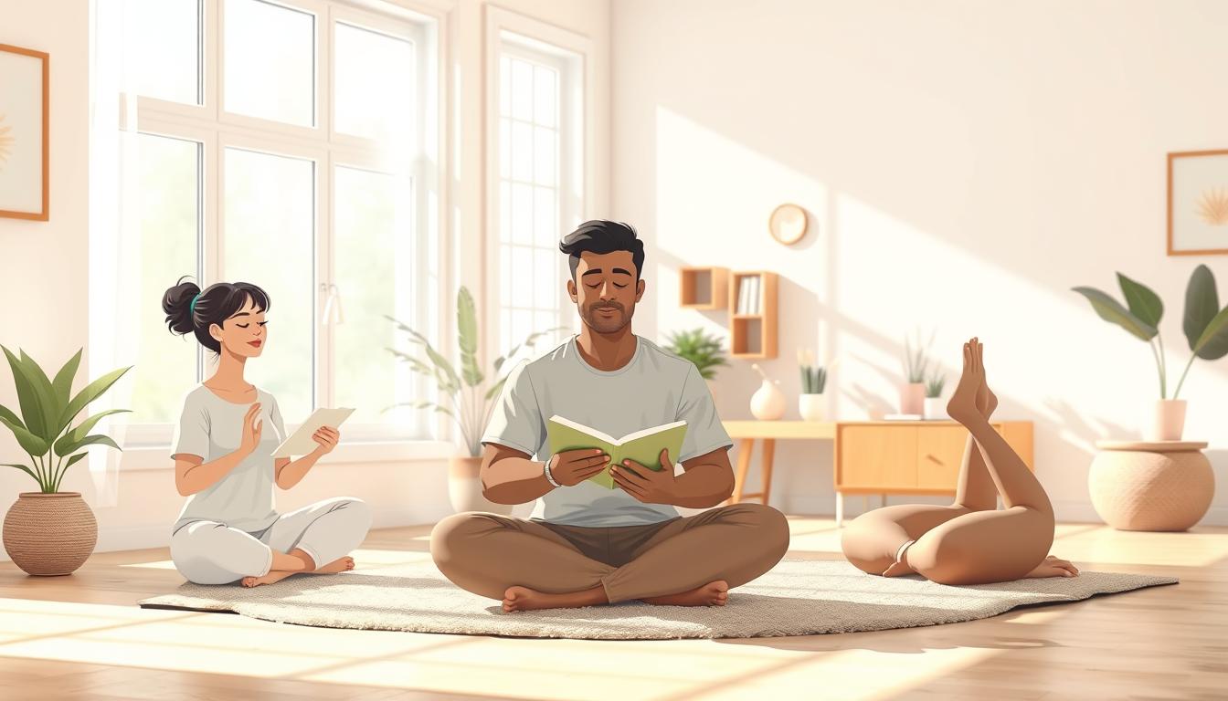 Three people in a sunlit room practising mindfulness, journaling and a gentle stretch